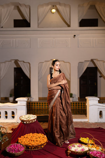 Tussar French Knot Embroidered Golden check Saree