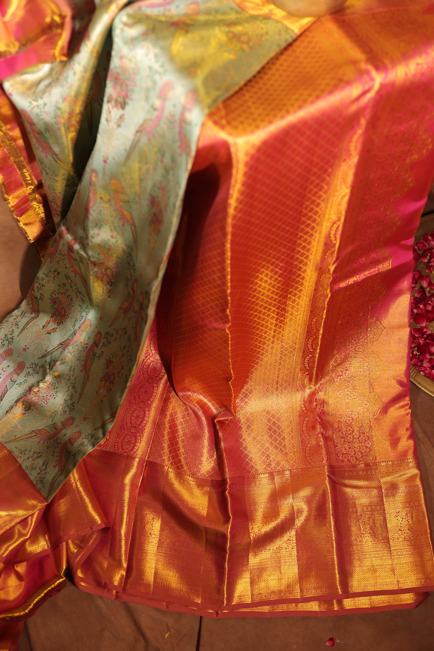 Kanjivaram silk Sage Green Parrot motif Zari Border Saree