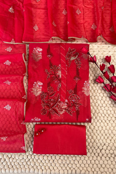 70 gm Chanderi Zardozi Hand Embroidered Red Unstitched Suit Set