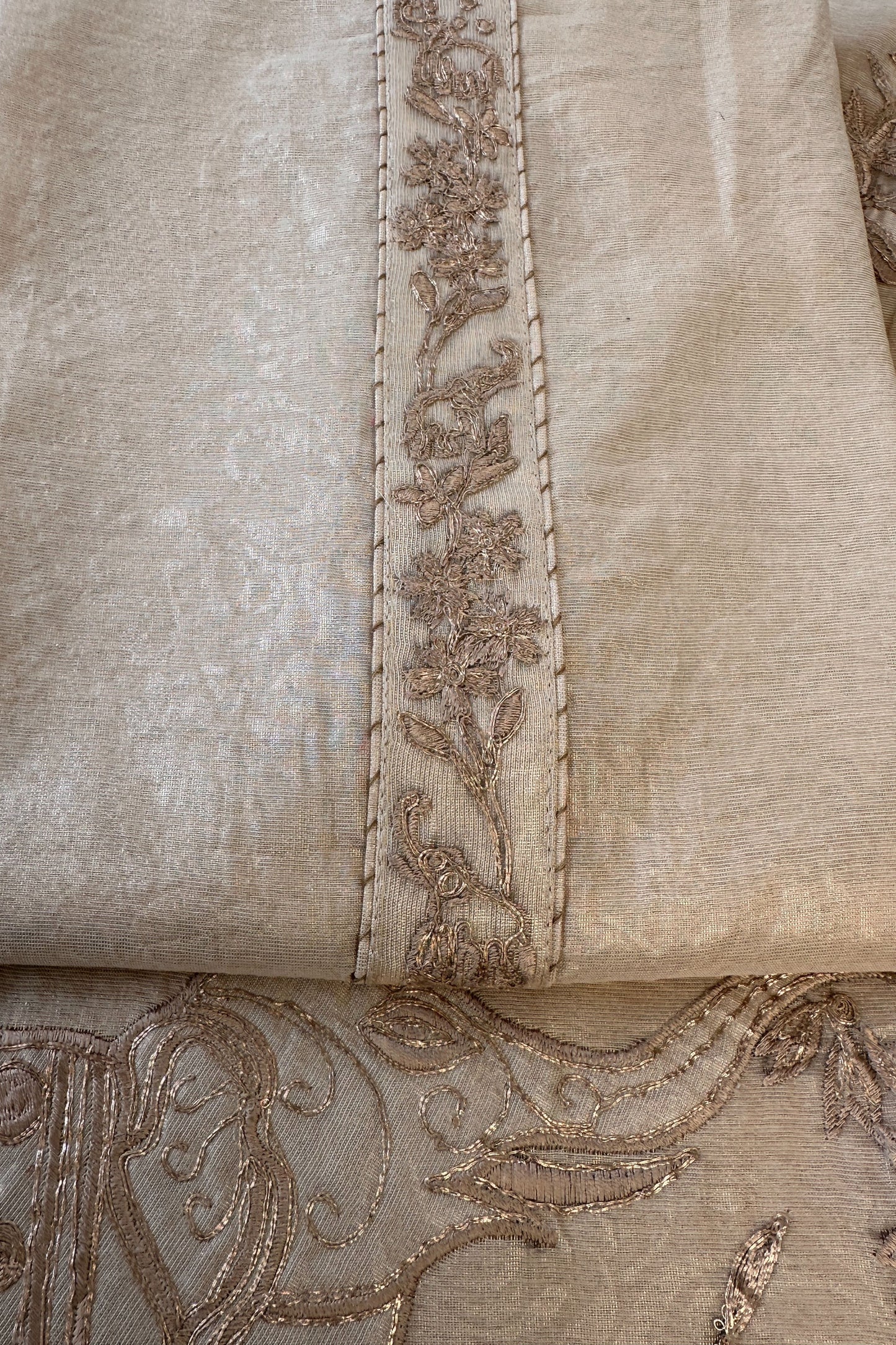 Banarasi Tissue Ivory Shaded Golden Thread Work Hand Embroidered Unstitched Suit Set