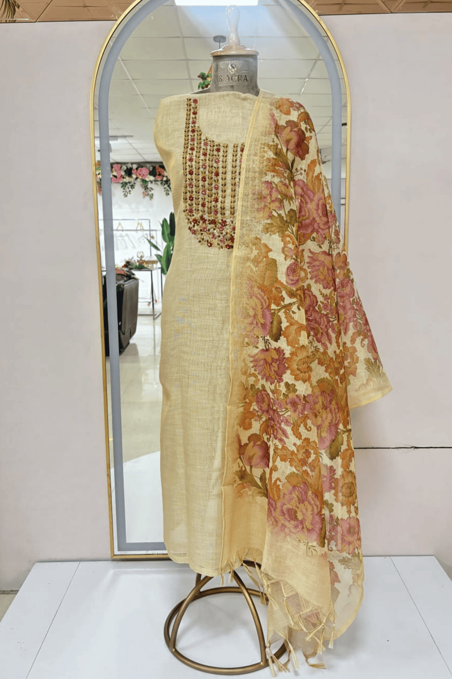 Beige Khadi Cotton 3 Piece Unstitched Suit Set