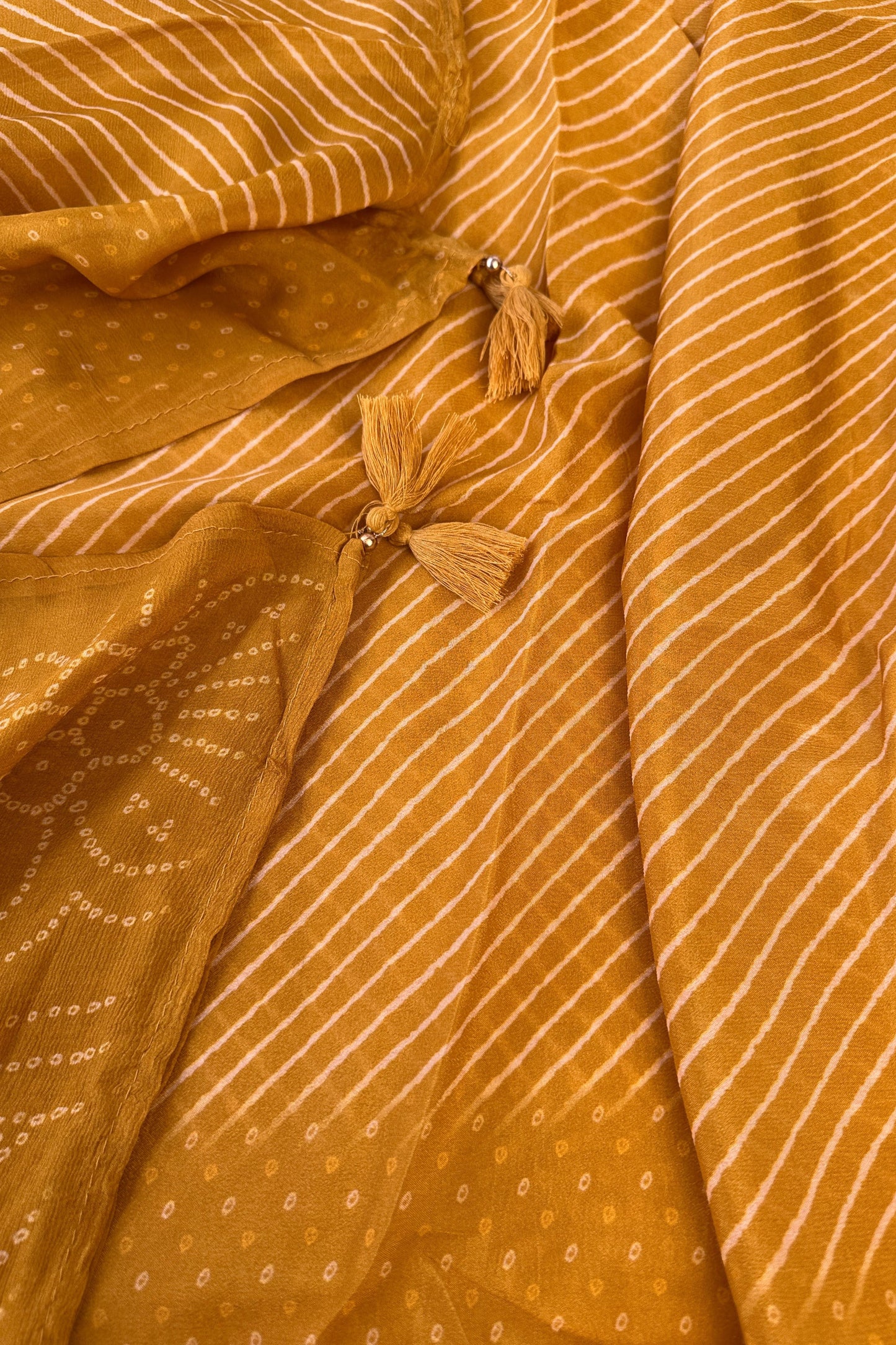 Crepe Silk Mustard Bandhani Printed Golden Zari handwork Unstitched Suit Set