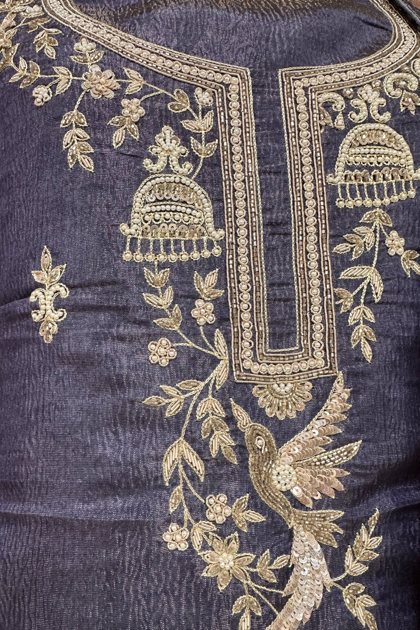 Crushed Tissue Pearl and Zardozi embroidered Unstitched Suit