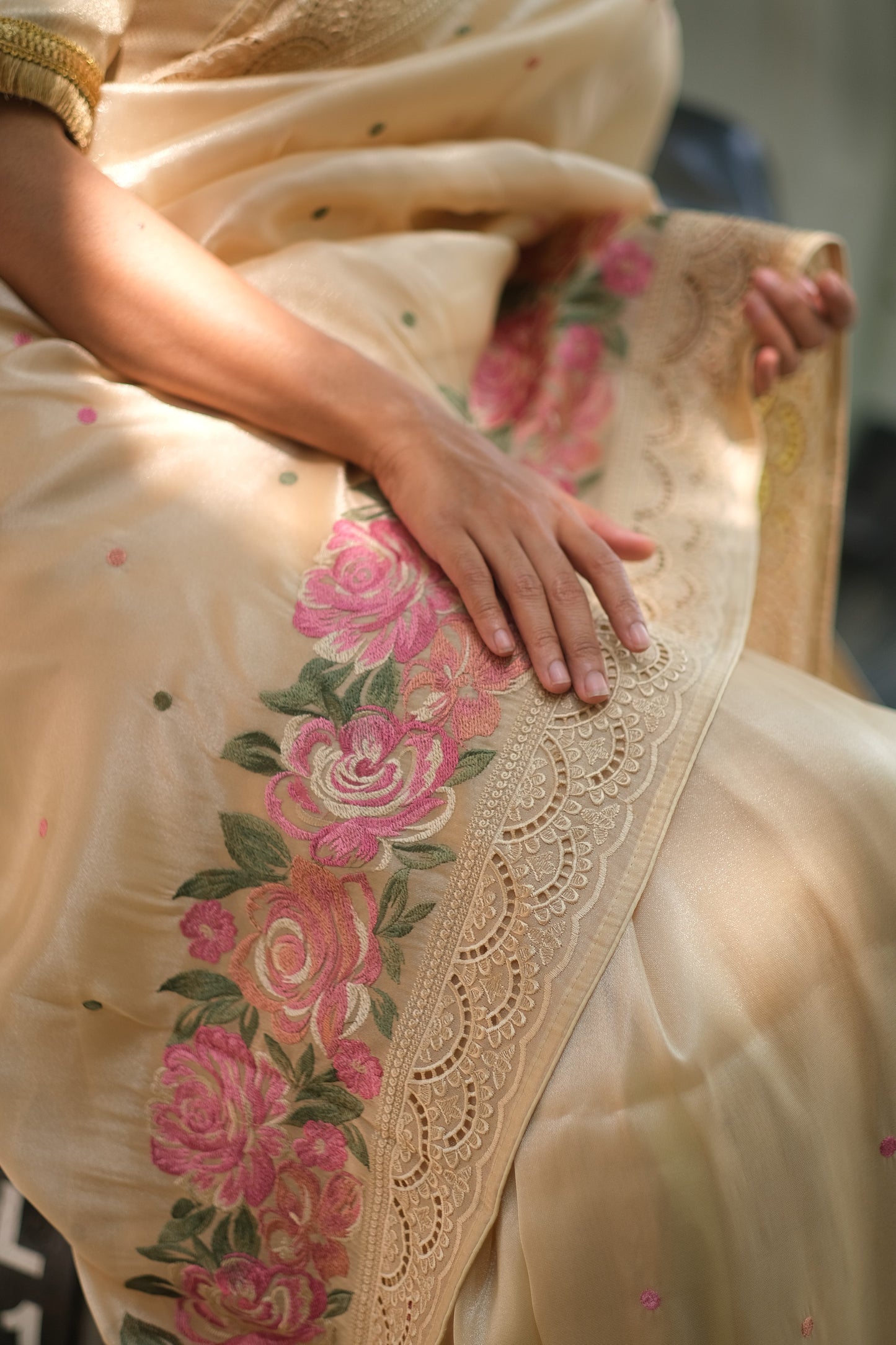 Tissue cutwork saree