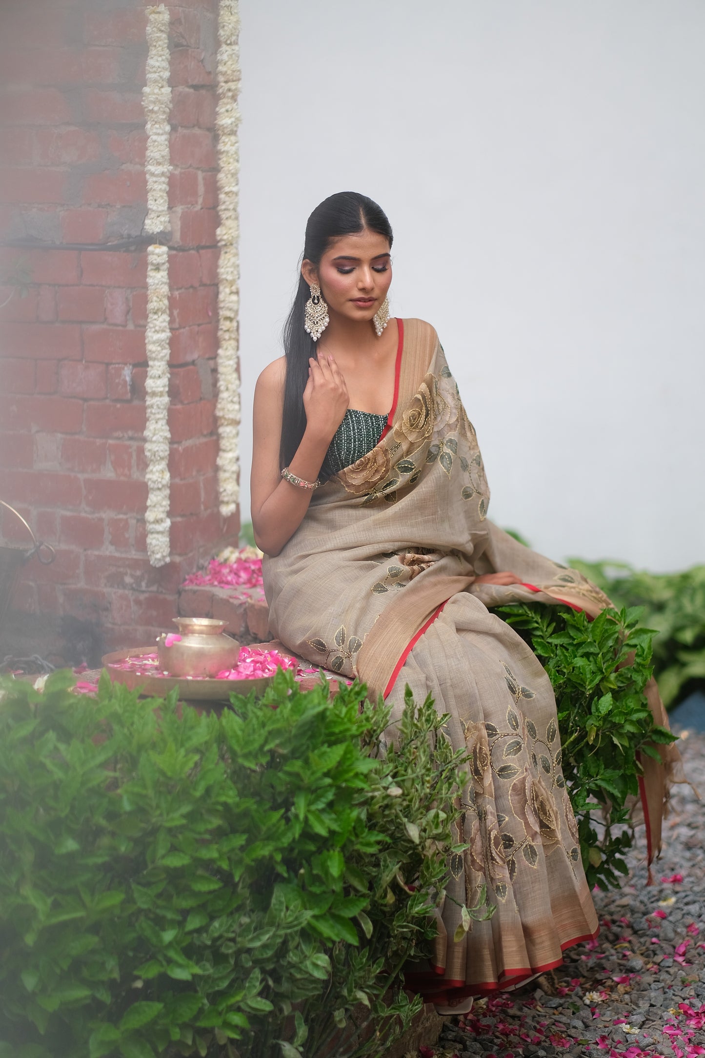 Linen kantha stitch saree