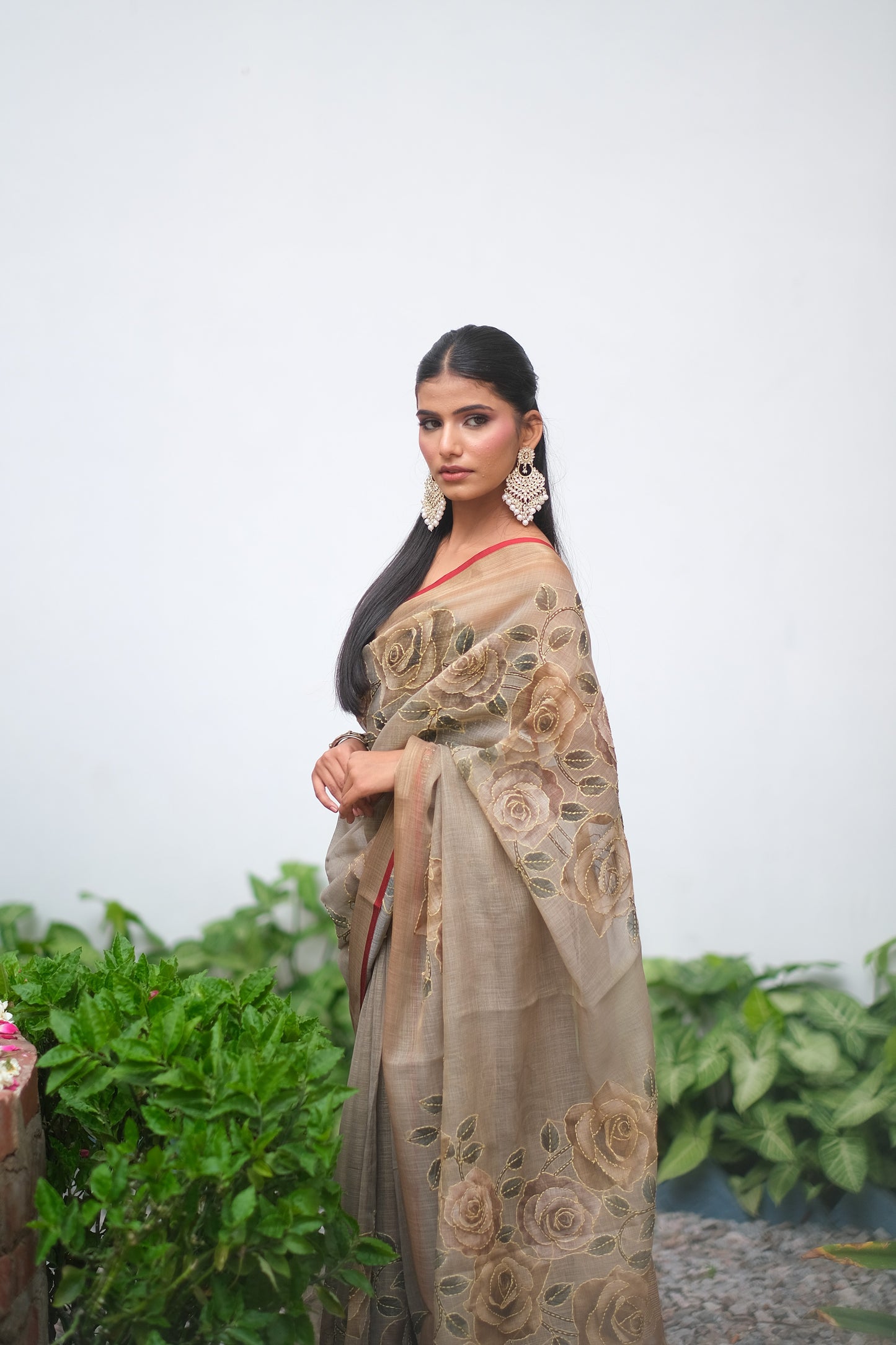 Linen kantha stitch saree