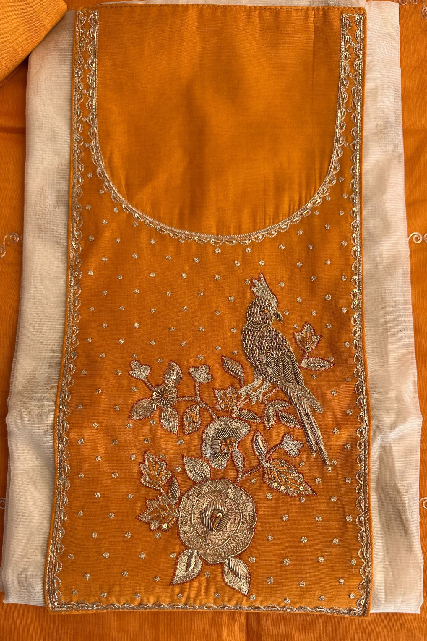 Yellow Banarasi Weaved Zardozi Embroidered Unstitched Suit Set With Pitta Work Dupatta