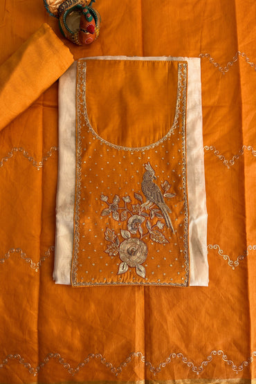 Yellow Banarasi Weaved Zardozi Embroidered Unstitched Suit Set With Pitta Work Dupatta