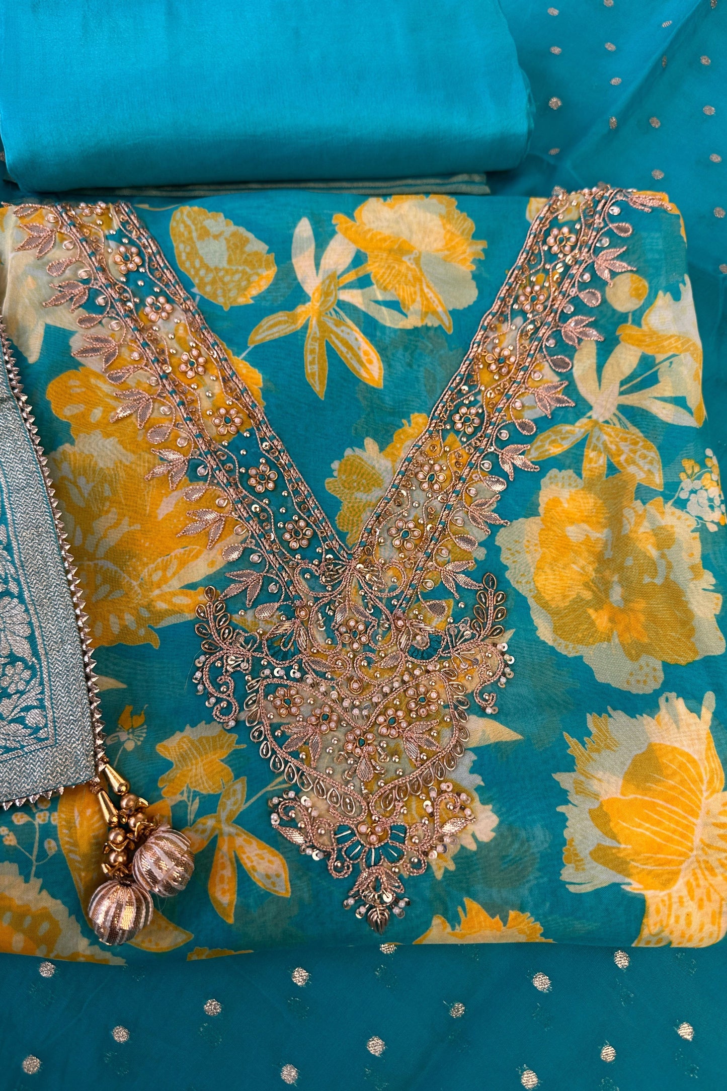 Firozi Digital Printed Chiffon Hand Embroidered Unstitched Suit Set