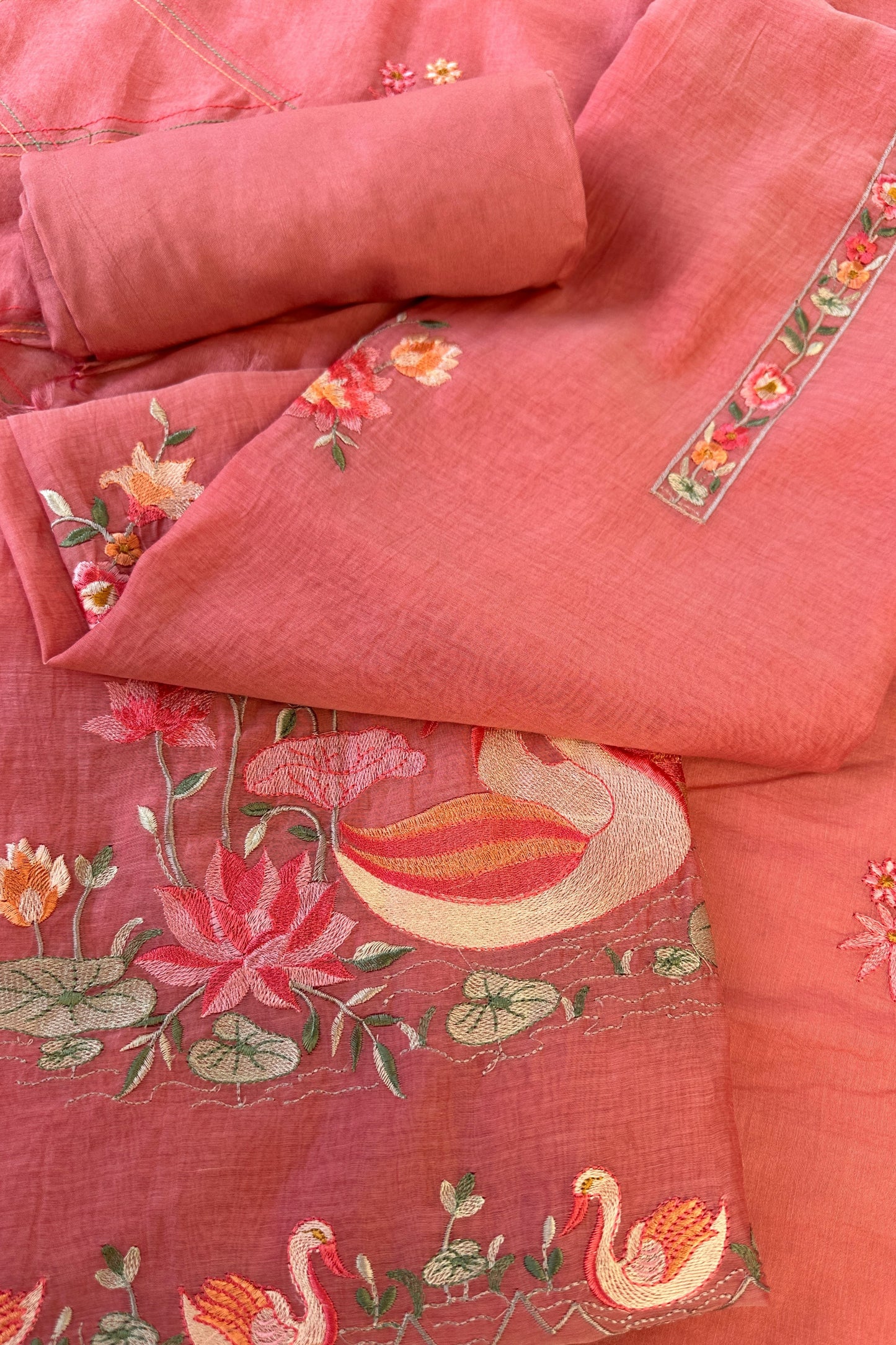 Flamingo Hand Embroidered Pink Mul Cotton Unstitched Suit Set With Multi Thead Placket Detailing