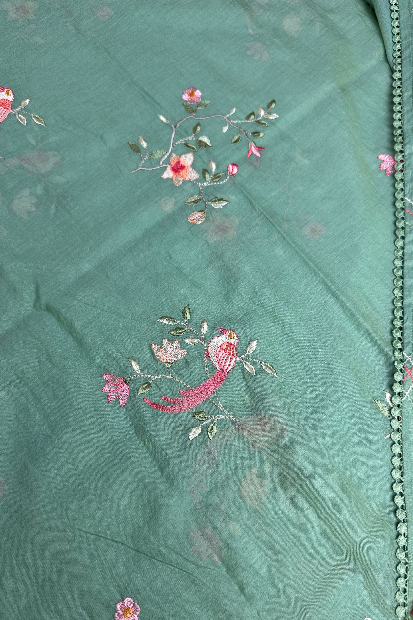 Flamingo Hand Embroidered Sea Green Mul Cotton Unstitched Suit Set With Multi Thread Placket Detailing