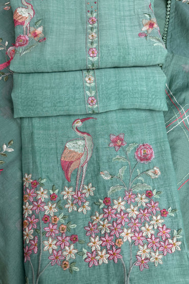 Flamingo Hand Embroidered Sea Green Mul Cotton Unstitched Suit Set With Multi Thread Placket Detailing