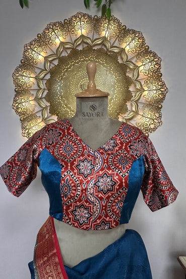 "Gajraj"Blue Crepe Silk Saree With Stitched Ajrakh Print Elephant Embroidered Blouse