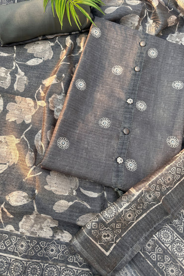 Grey Linen Tussar With Floral Printed Dupatta