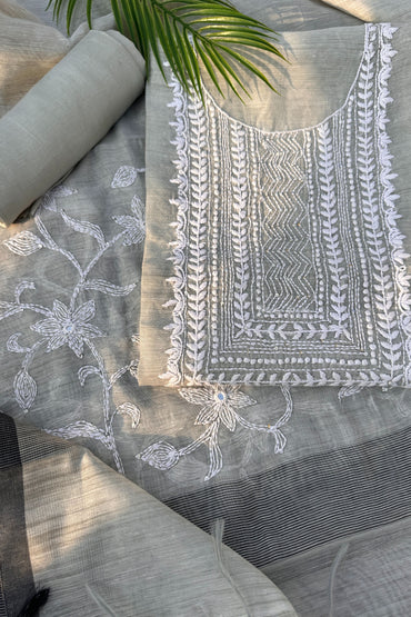 Linen Kantha And Chikenkari Handwork Unstitched Suit Set