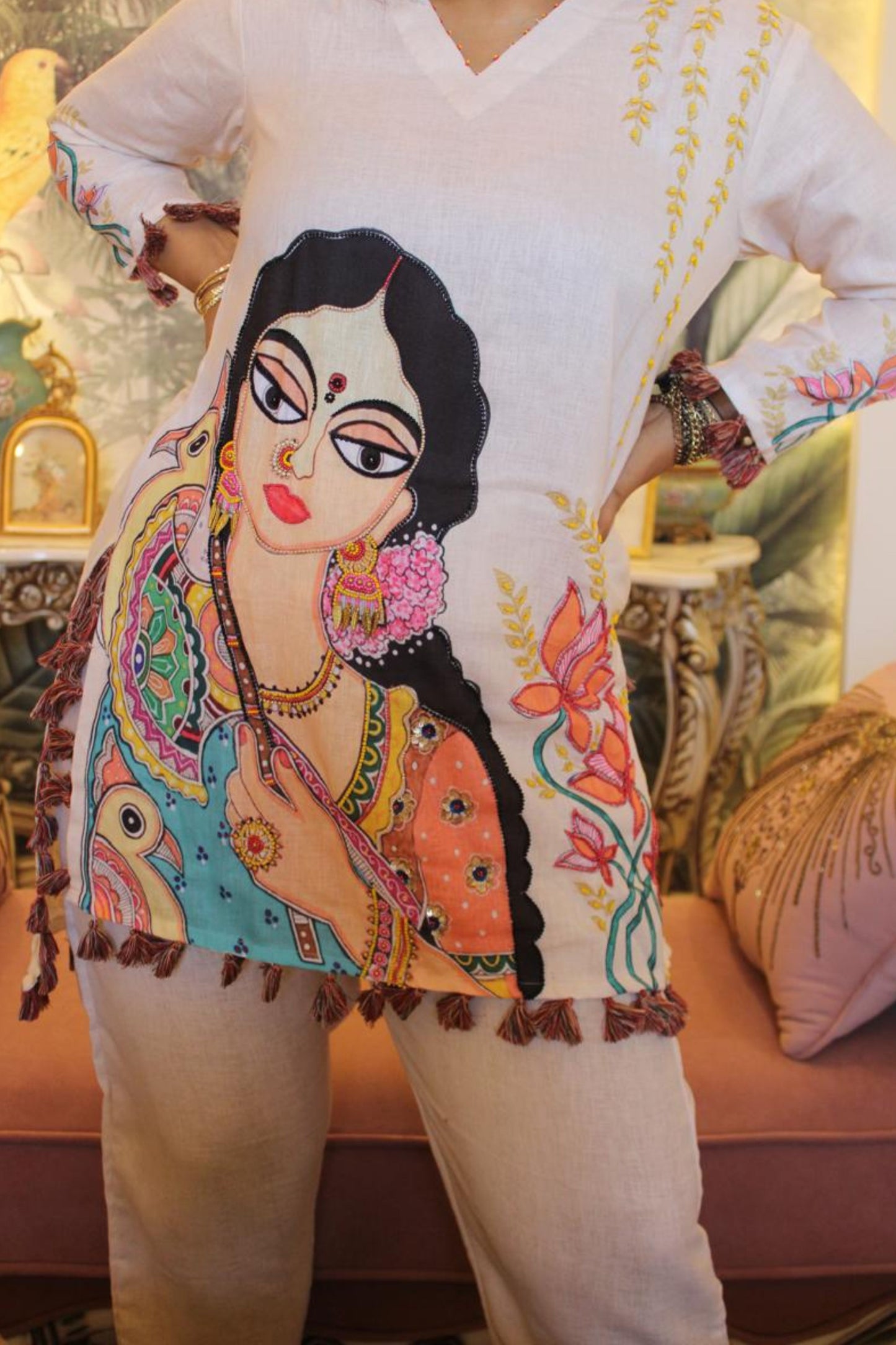 Madhubani style hand embroidered designer linen Co-ord set