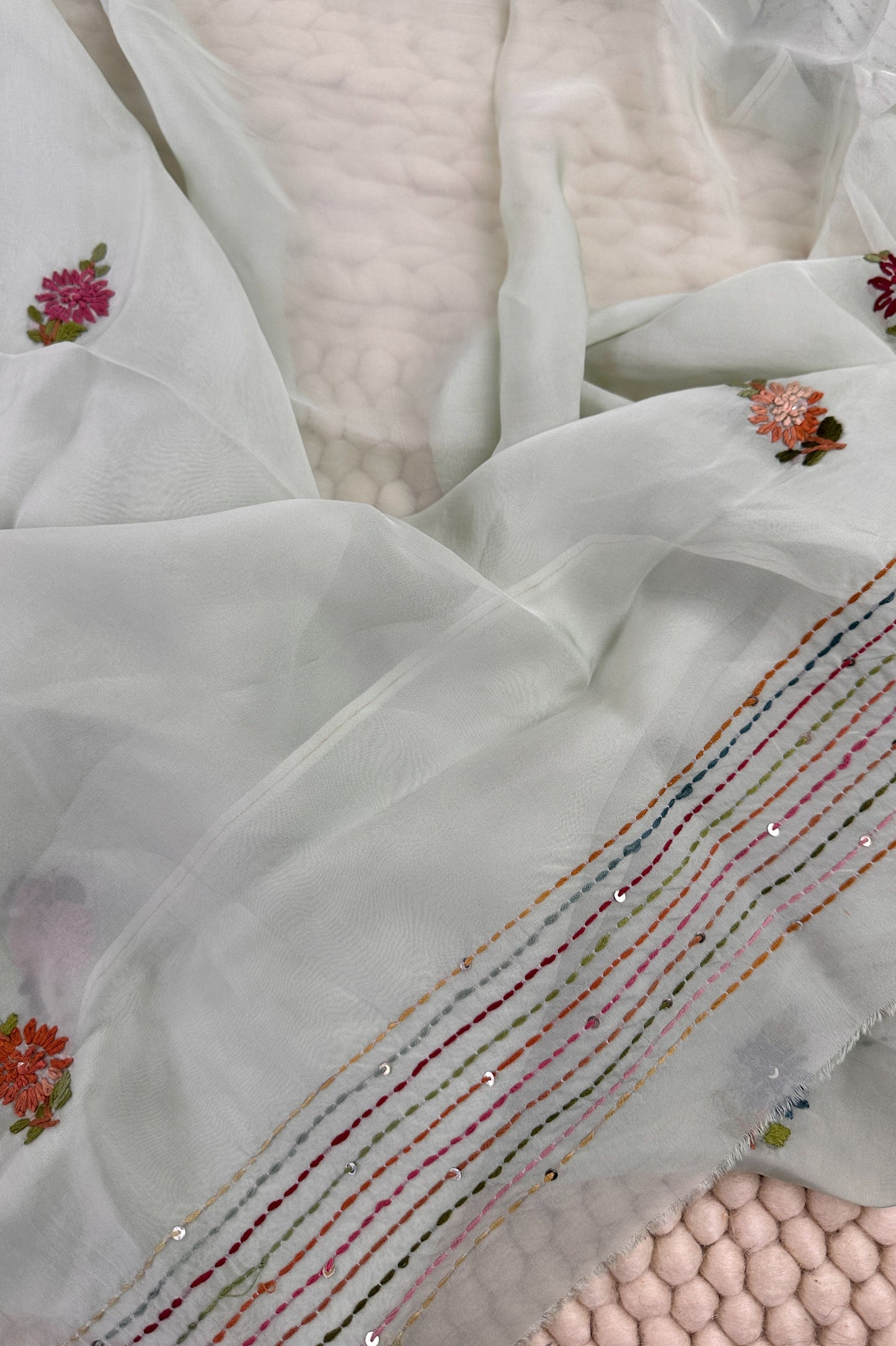 Mint Green Pure Organza Silk Unstitched Suit Set With Hand Embroidery & Matching Dupatta