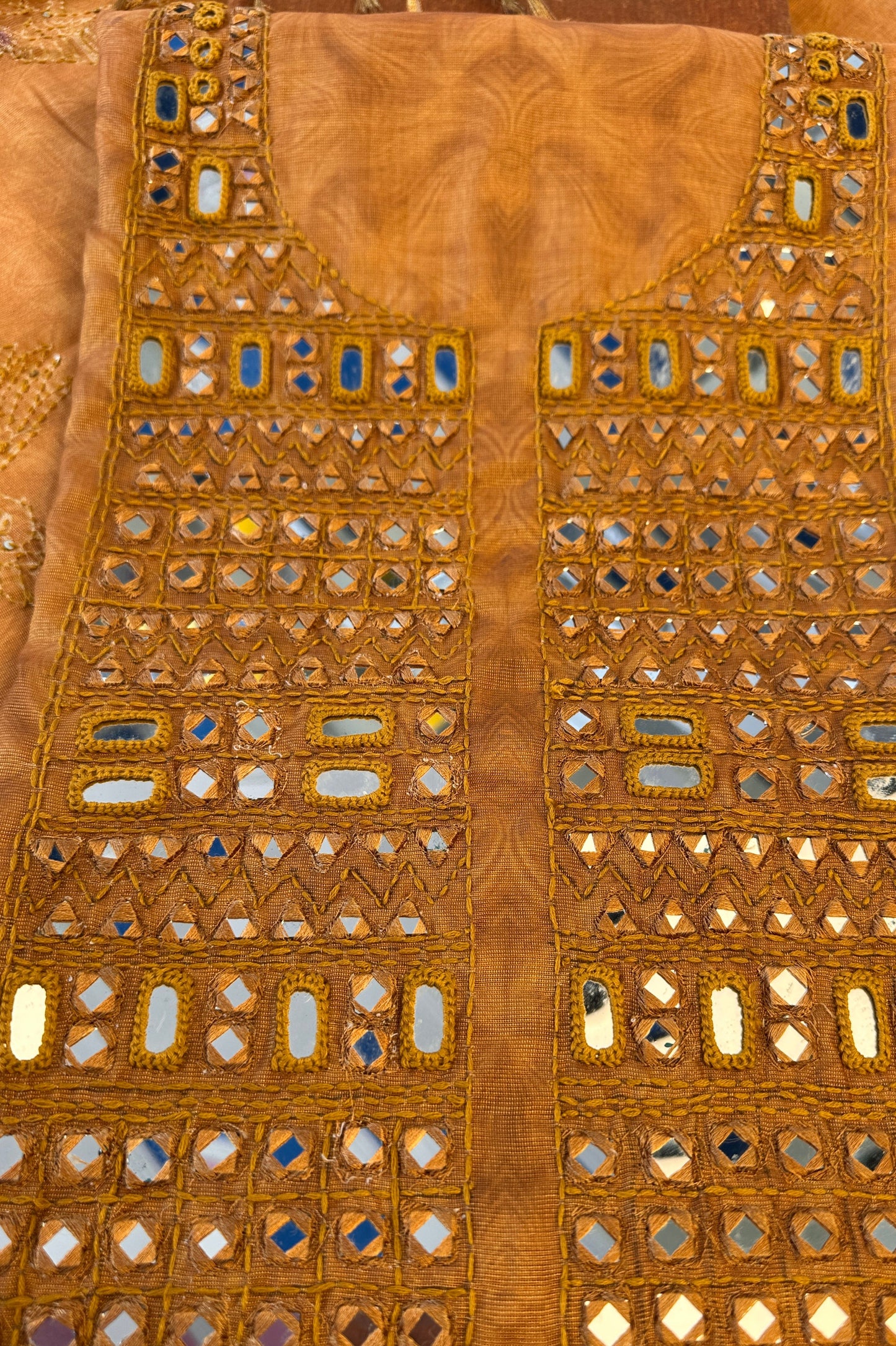 Mustard Toned Mirror Handwork Tissue Unstitched Suit Set With Kantha Dupatta