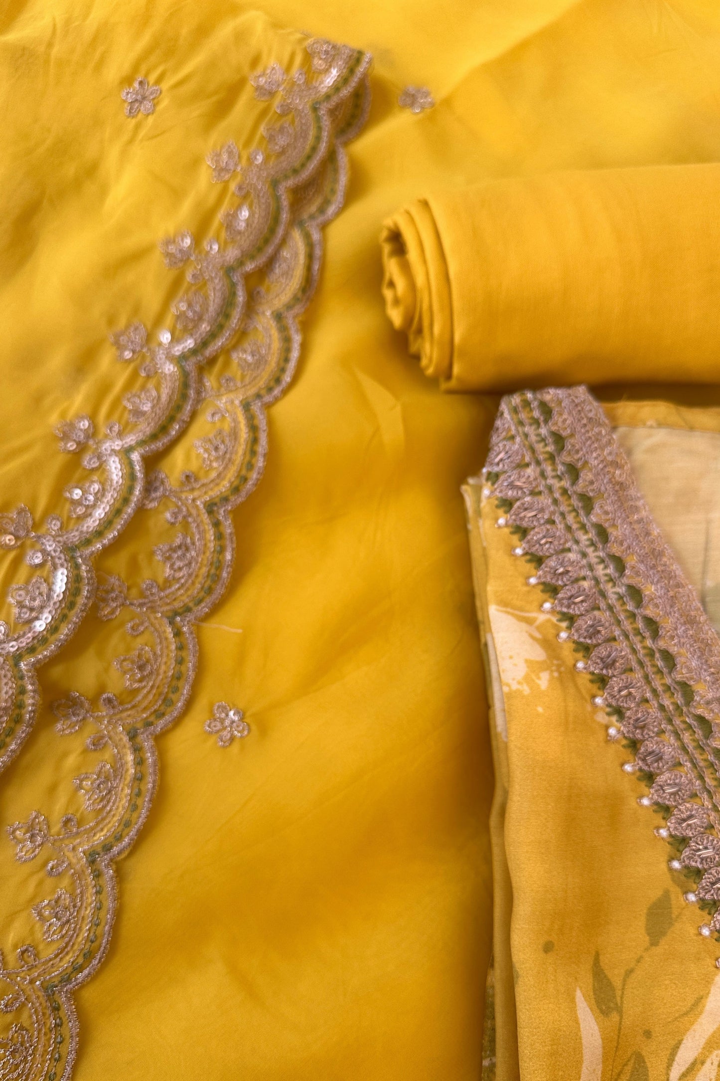 Mustard Yellow Chinon Party Wear Unstitched Suit Set
