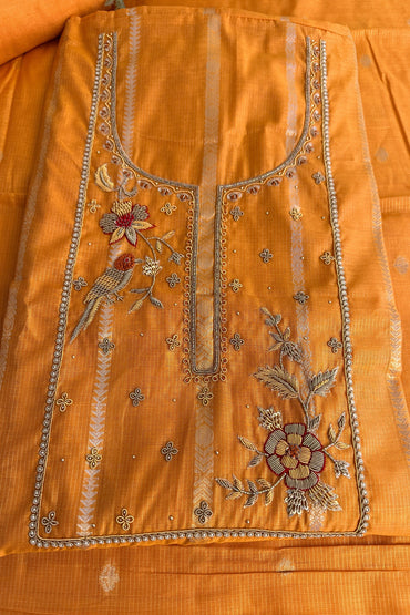 Chanderi Banarasi Zardozi handwork Mustard yellow unstitched suit set