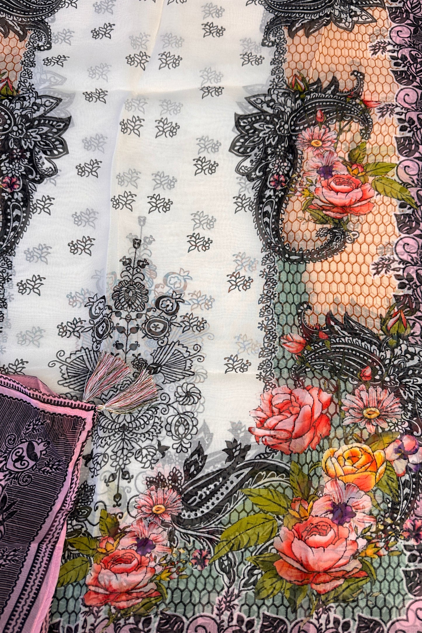 Off-White Chinon Silk Digital Printed Unstitched Suit Set