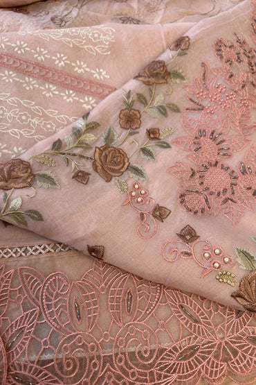 Organza Powder Pink Sequin & thread Embroidered Unstitched Suit Set