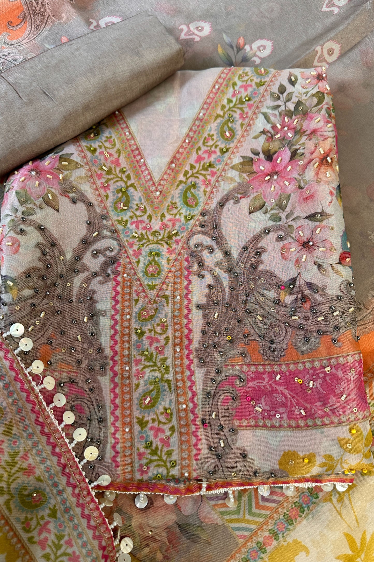 Pure Organza Dusty Pink Digital Printed Bead Work Hand Embroidered Unstitched Suit Set