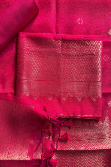 Rani Pink Chanderi Gold Zari Jamdani Weaving Unstitched suit Set