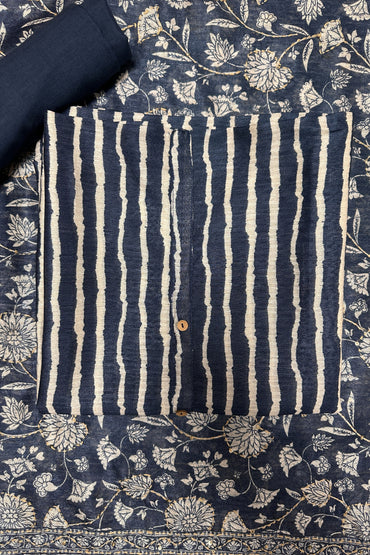 Striped Navy Blue Colour 3 piece Unstitched Suit Set