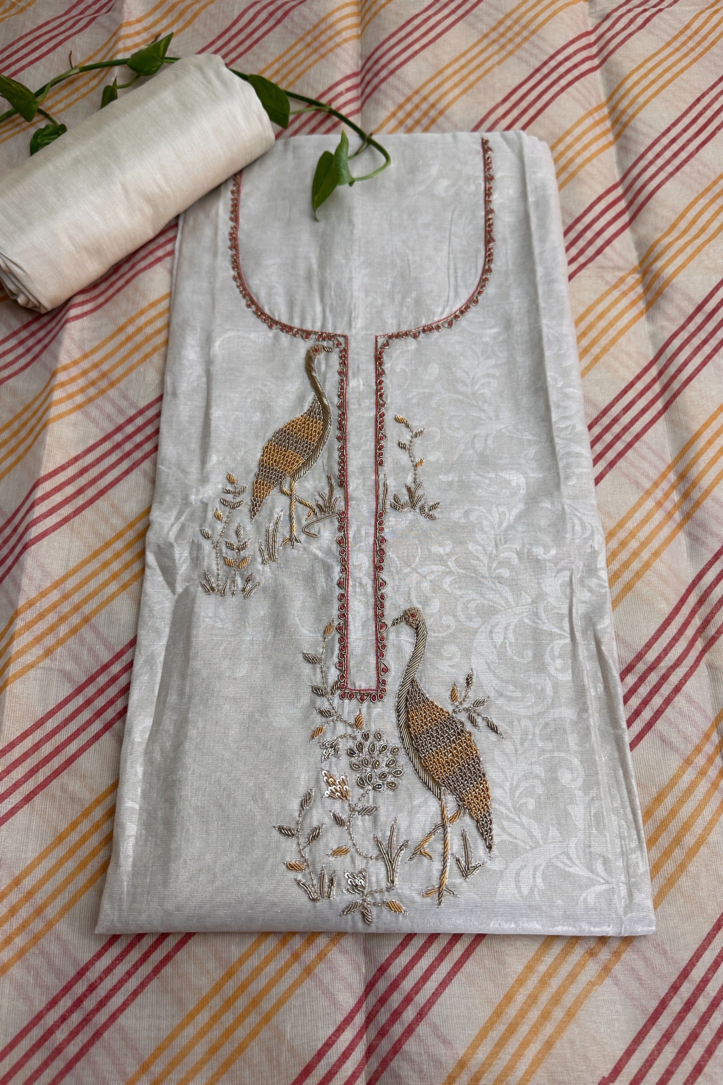 Tissue Flamingo Zardozi Embroidered Unstitched Suit Set