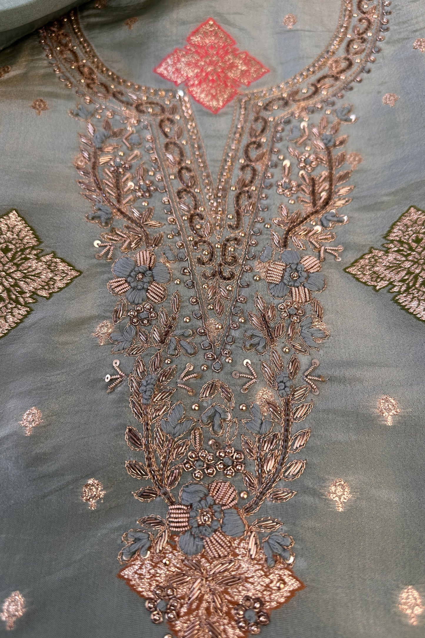Tissue Silk Sage Green Hand Embroidered Banarasi weaved Unstitched Suit set
