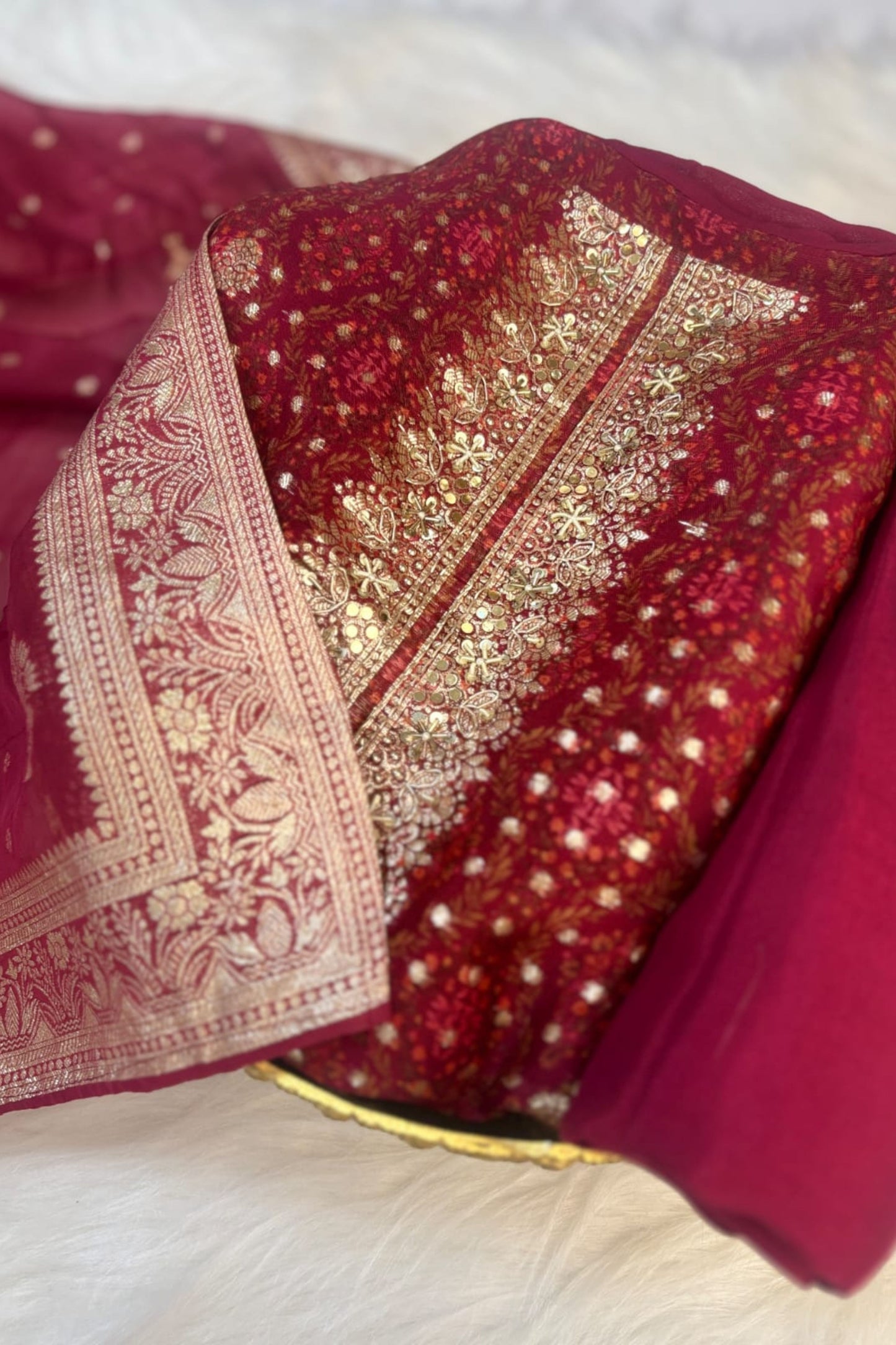 Unstitched Maroon Organza Silk Suit Set With Zari Work And Brocade Dupatta