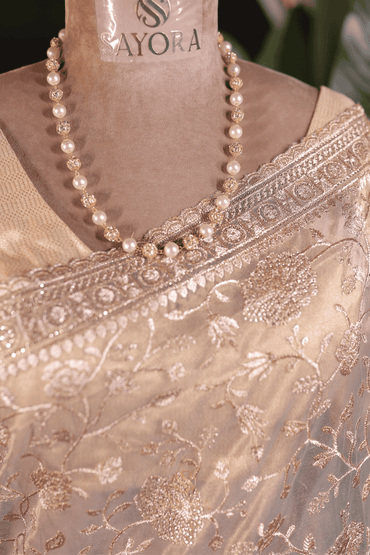 Metallic Moonlight Tissue Silk Saree With Floral Zari Border