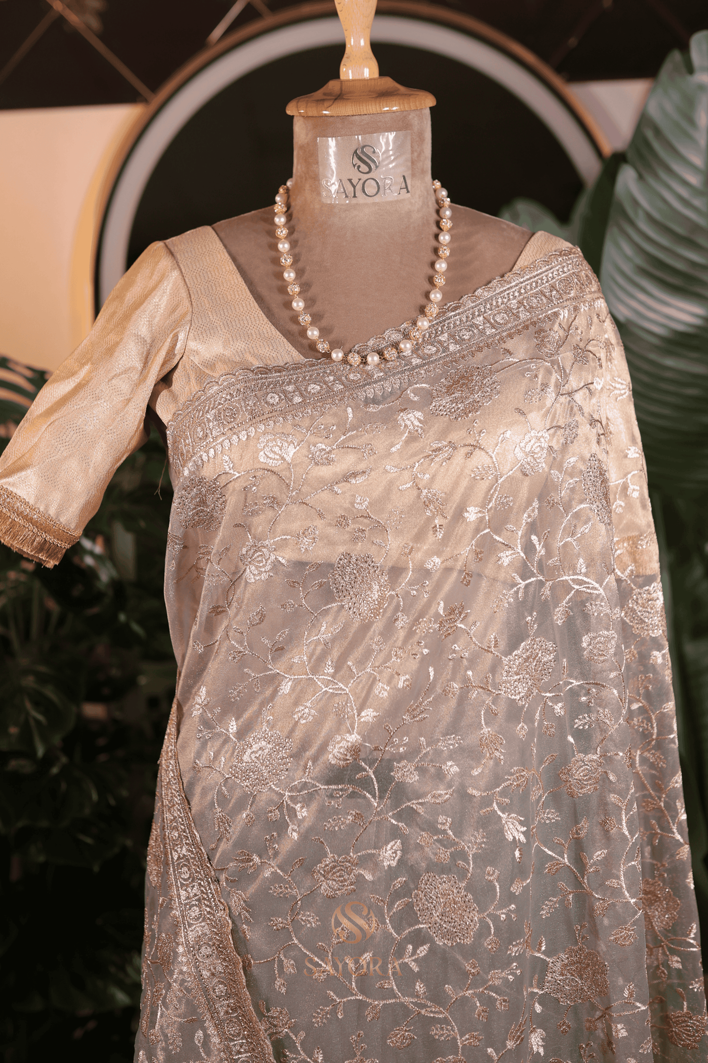 Metallic Moonlight Tissue Silk Saree With Floral Zari Border