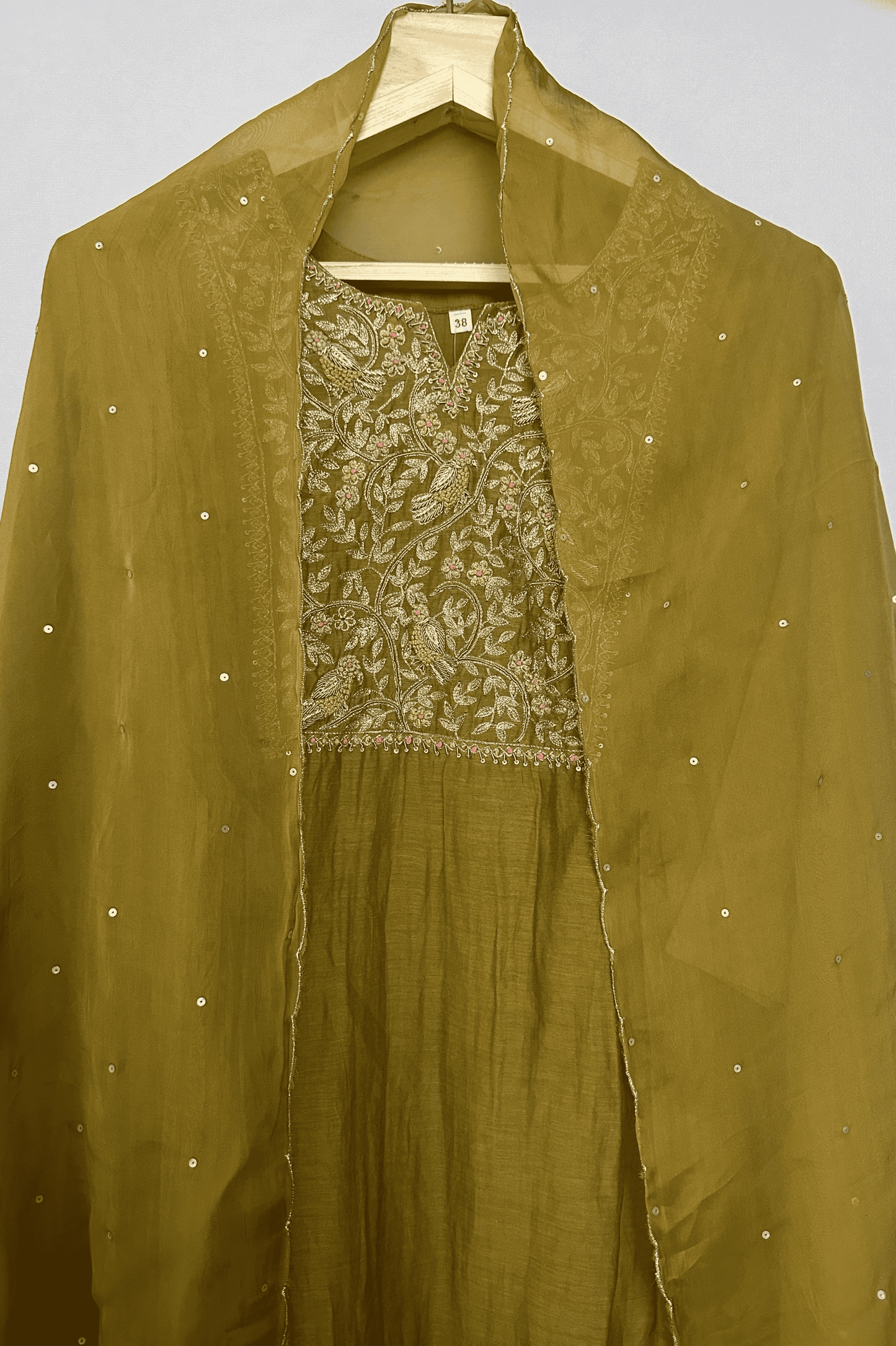 Zardozi embroidered parrot mulchanderi A line suit