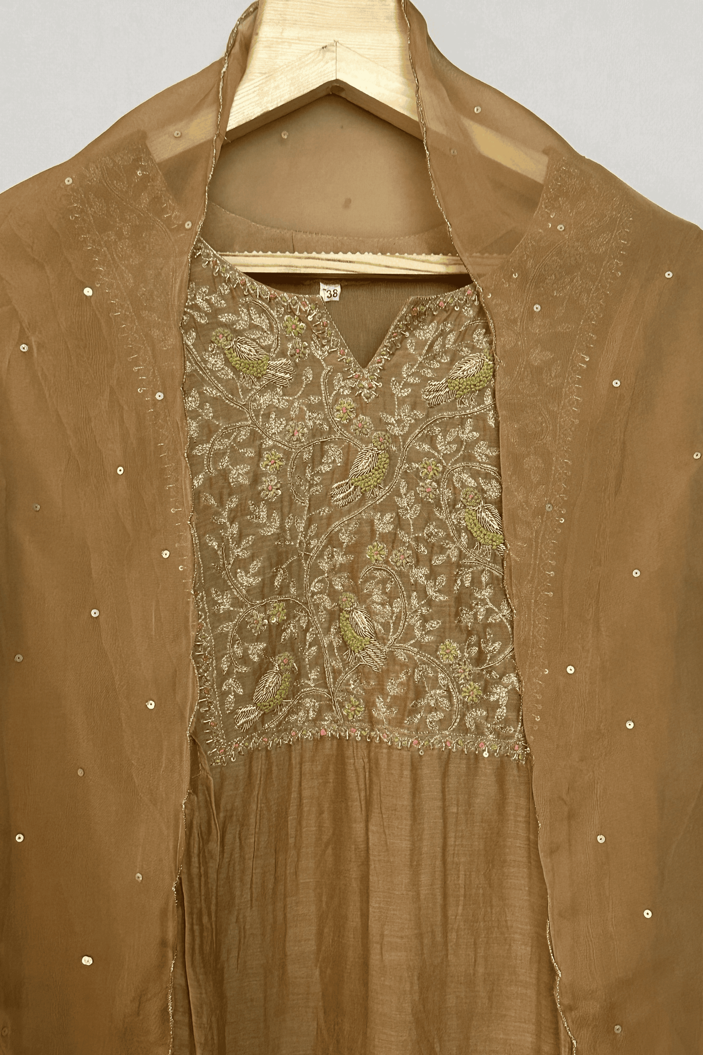 Zardozi embroidered parrot mulchanderi A line suit