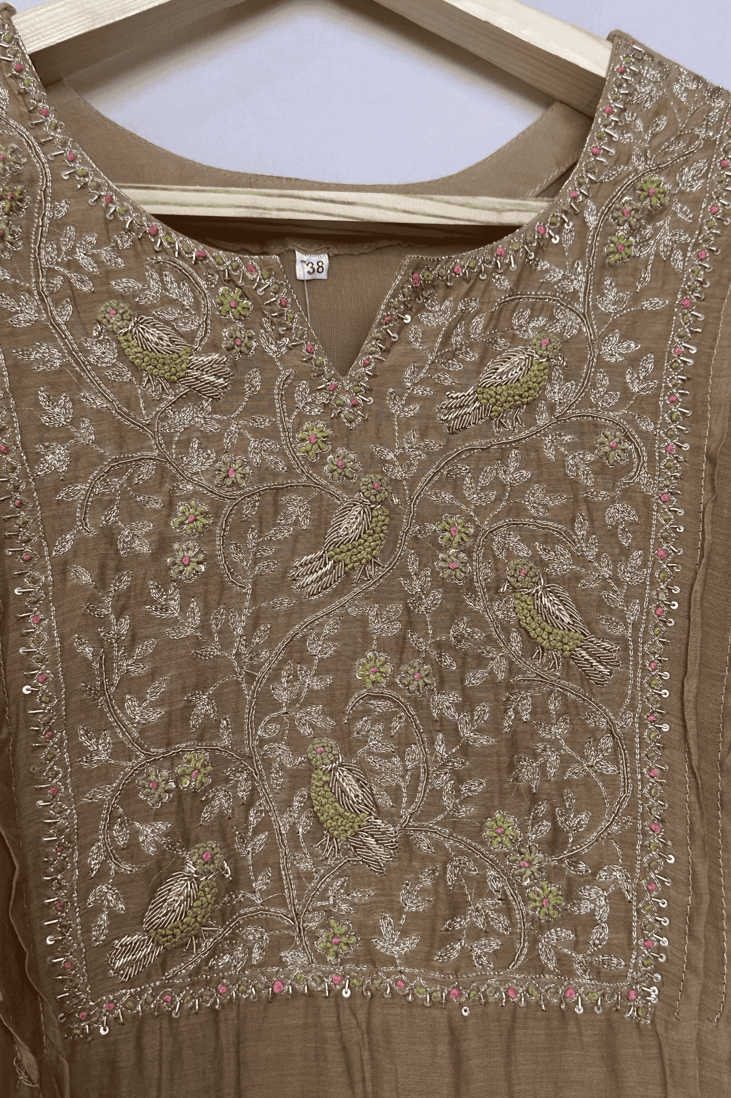 Zardozi embroidered parrot mulchanderi A line suit