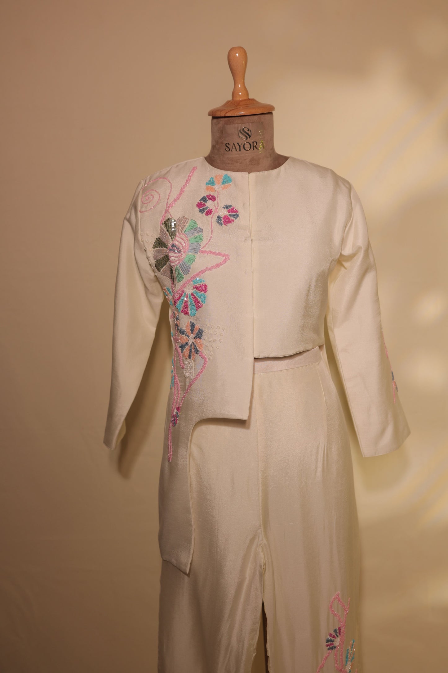 Pastel hand embroidered dola silk designer Co-ord set