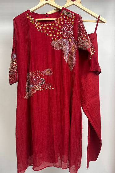 Kantha & mirror embroidered mulchanderi Co-ord set