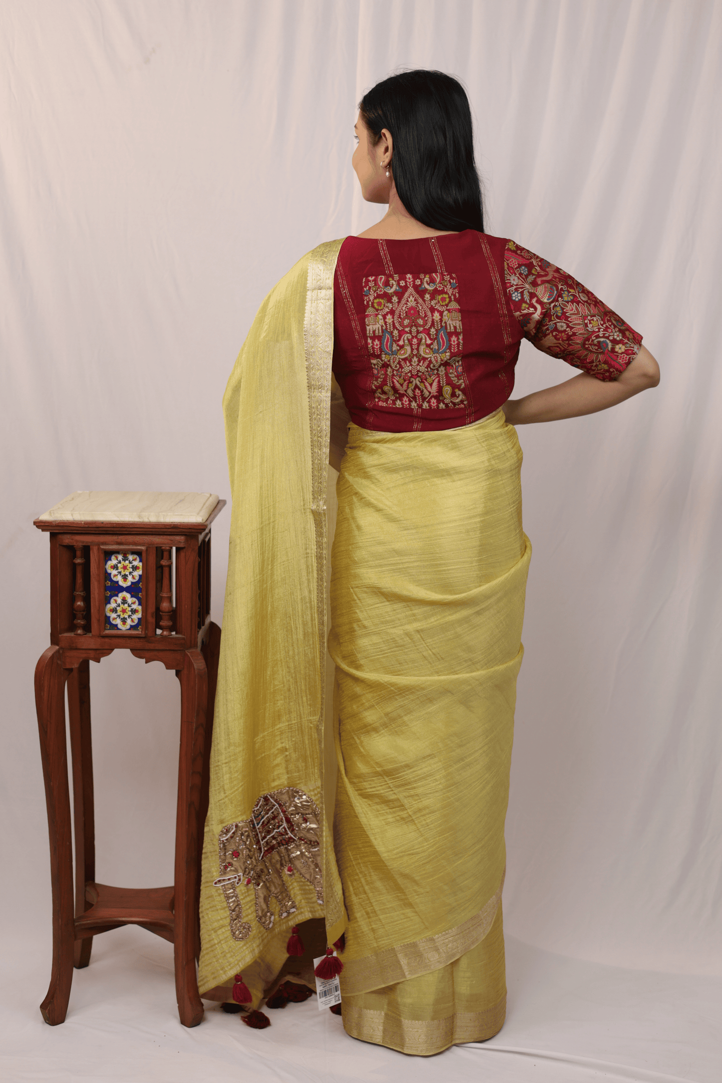 'Vantara' Crushed Silk Elephant Motifs Hand-embroidered Saree with Stitched Designer Blouse