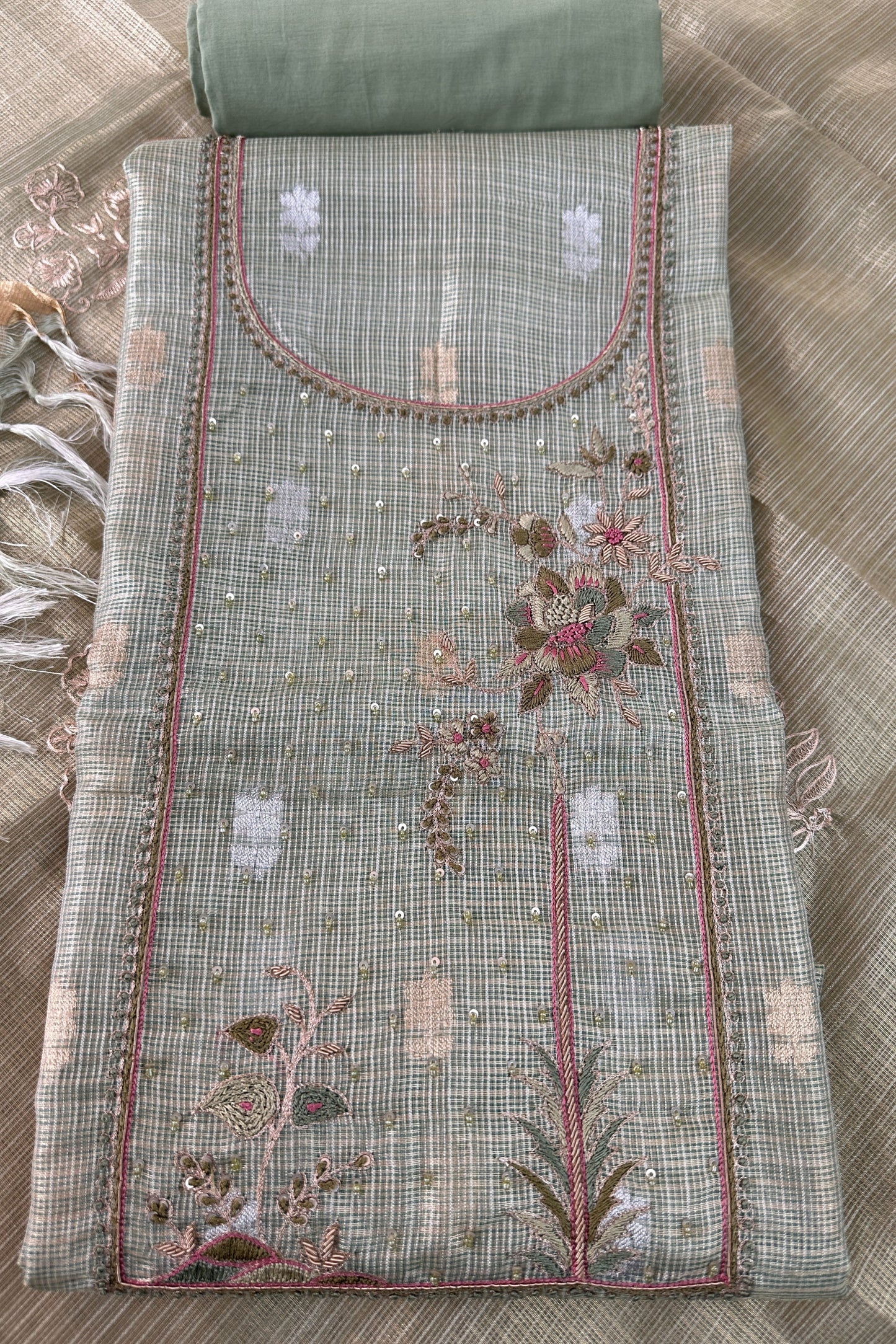 Zari Kota Green Embroidered Unstitched Suit Set