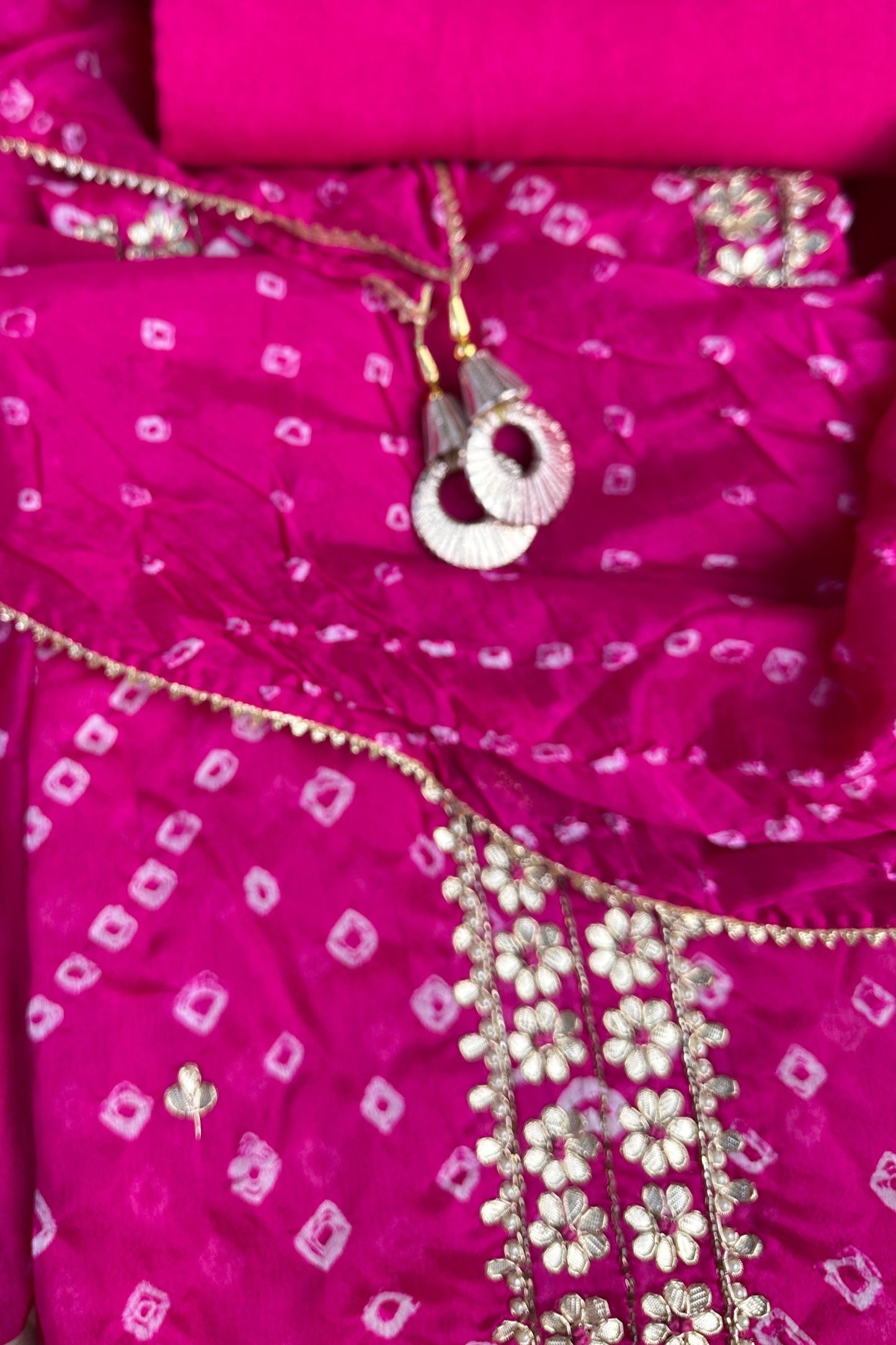 Bandhni Silk Pink Gota Patti Work Unstitched Suit Set