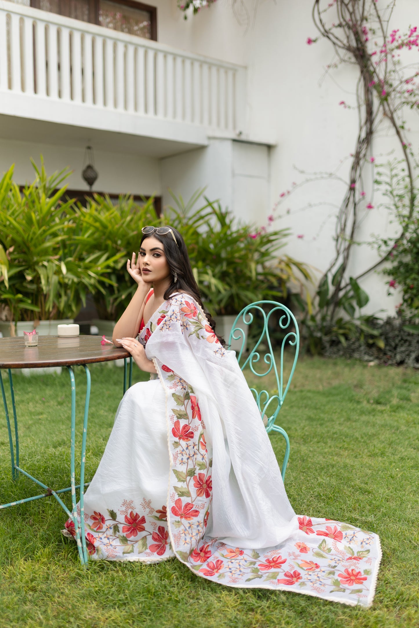 Crushed organza floral saree