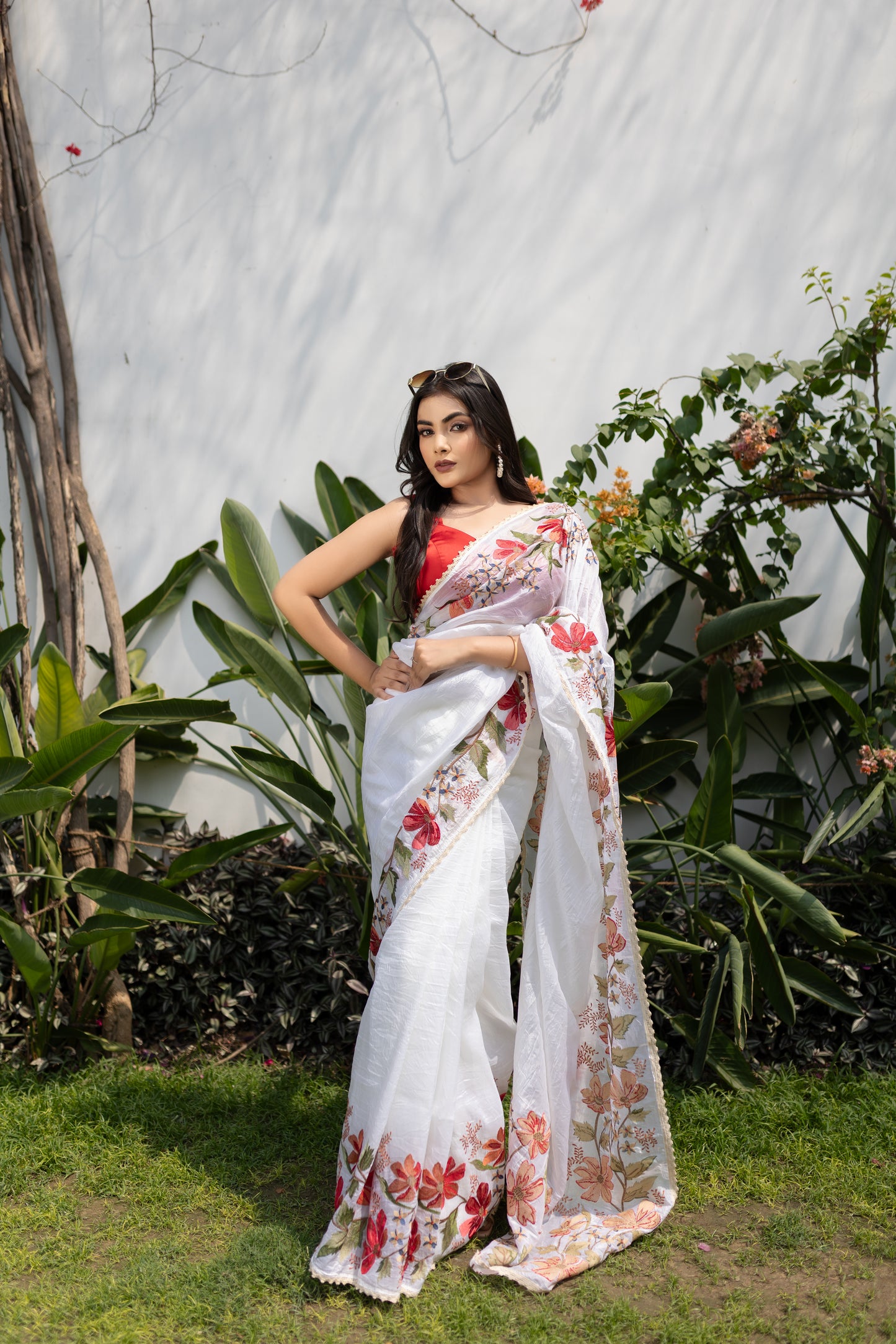 Crushed organza floral saree