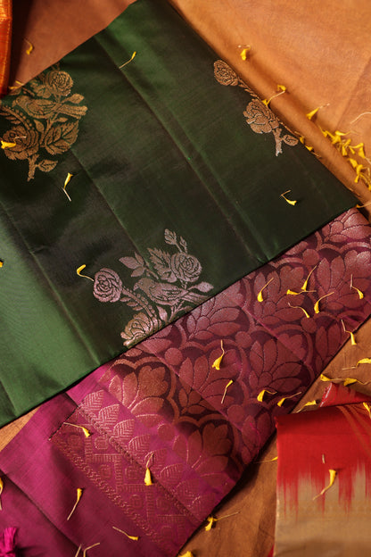 Antique Zari Kanchipuram Silk Bottle Green Saree
