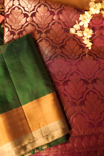 Antique Zari Kanchipuram Silk Bottle Green Saree
