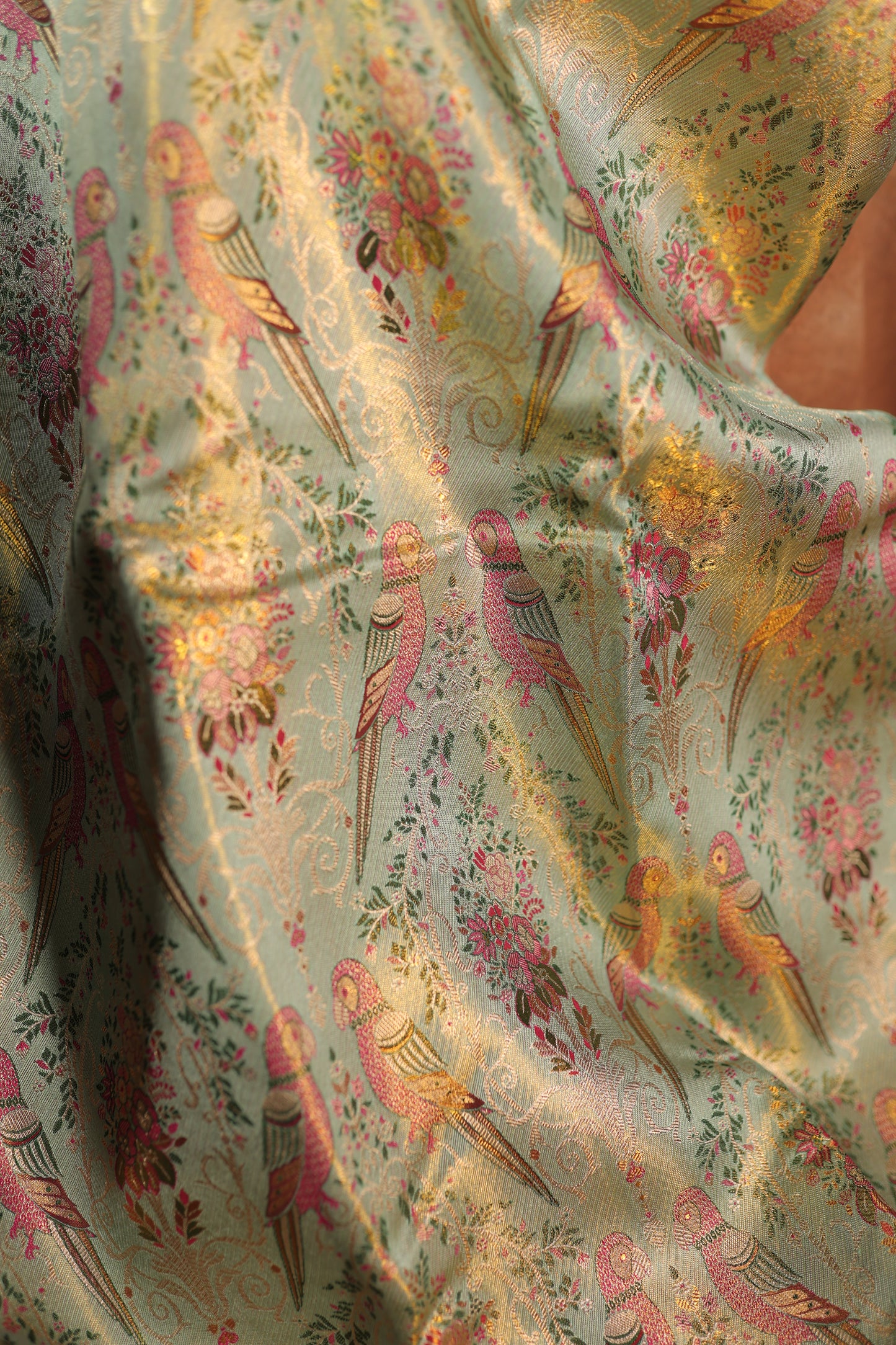 Kanjivaram silk Sage Green Parrot motif Zari Border Saree