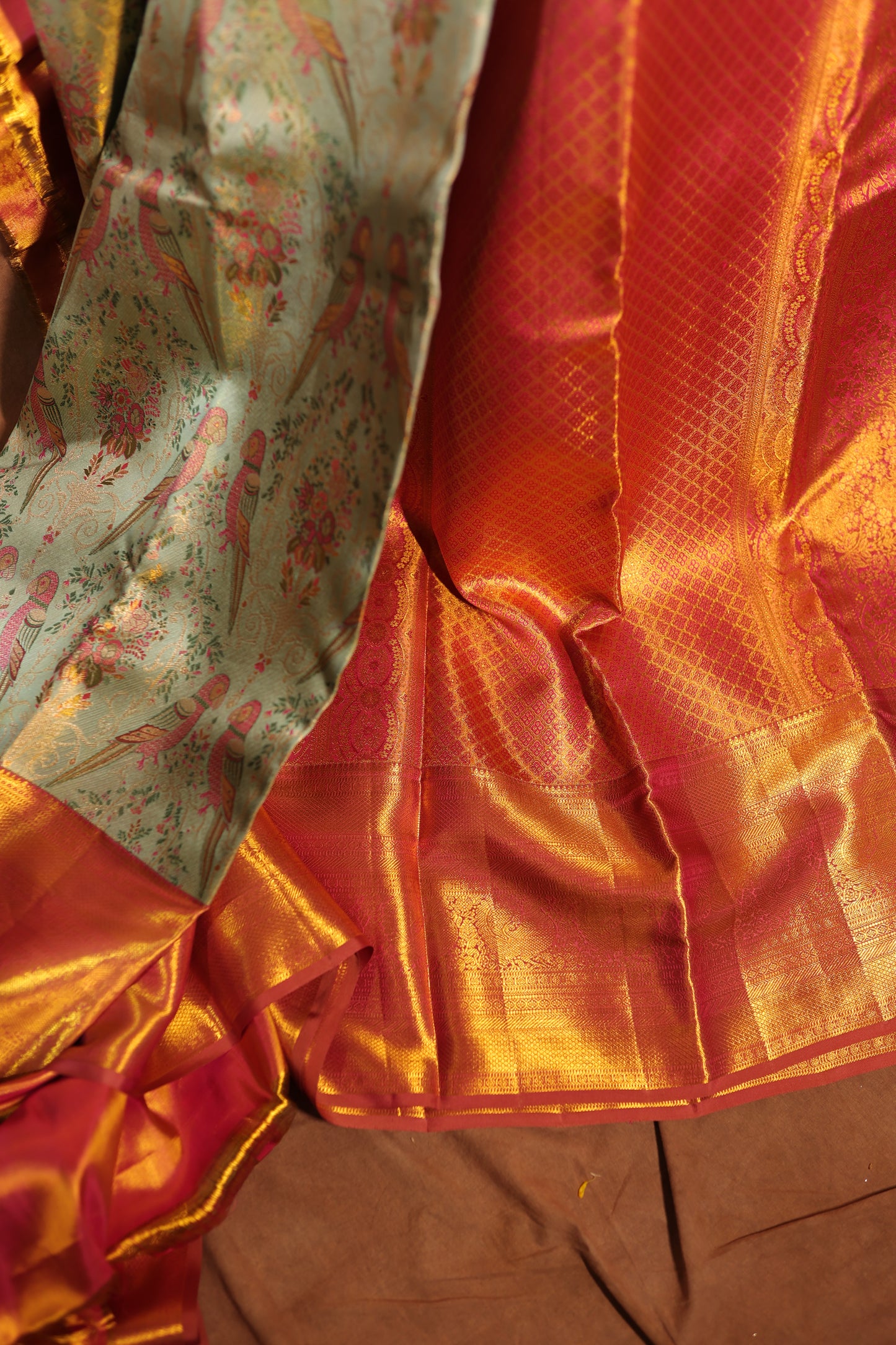 Kanjivaram silk Sage Green Parrot motif Zari Border Saree