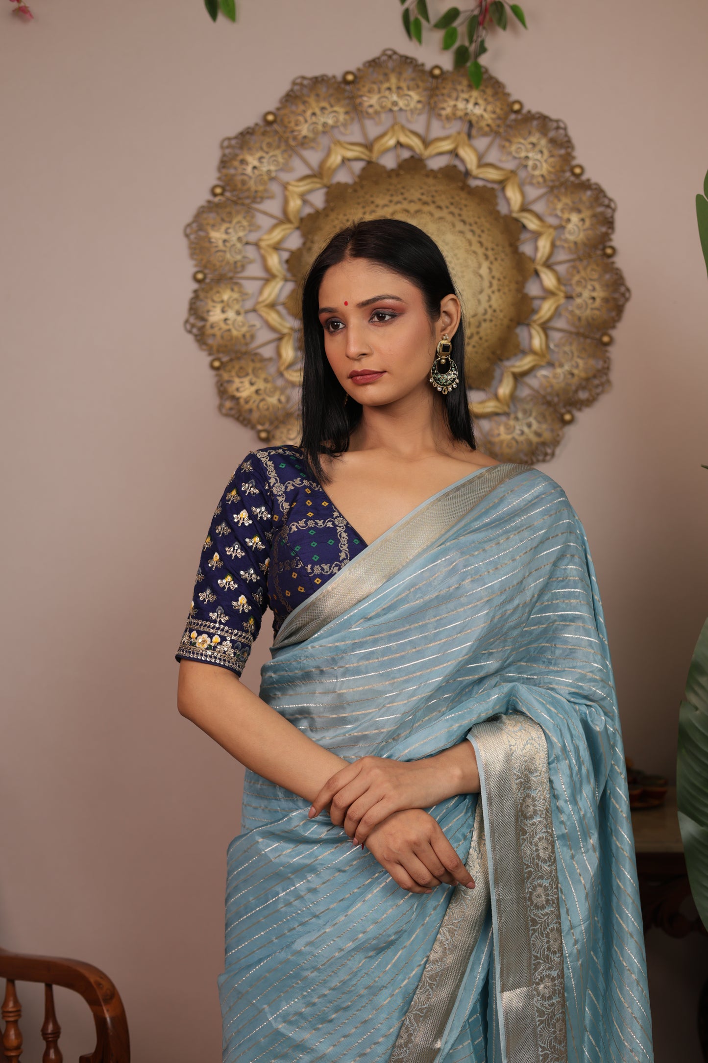 Crepe Viscose Silk Saree With Stitched Embroidered Gharchola Blouse