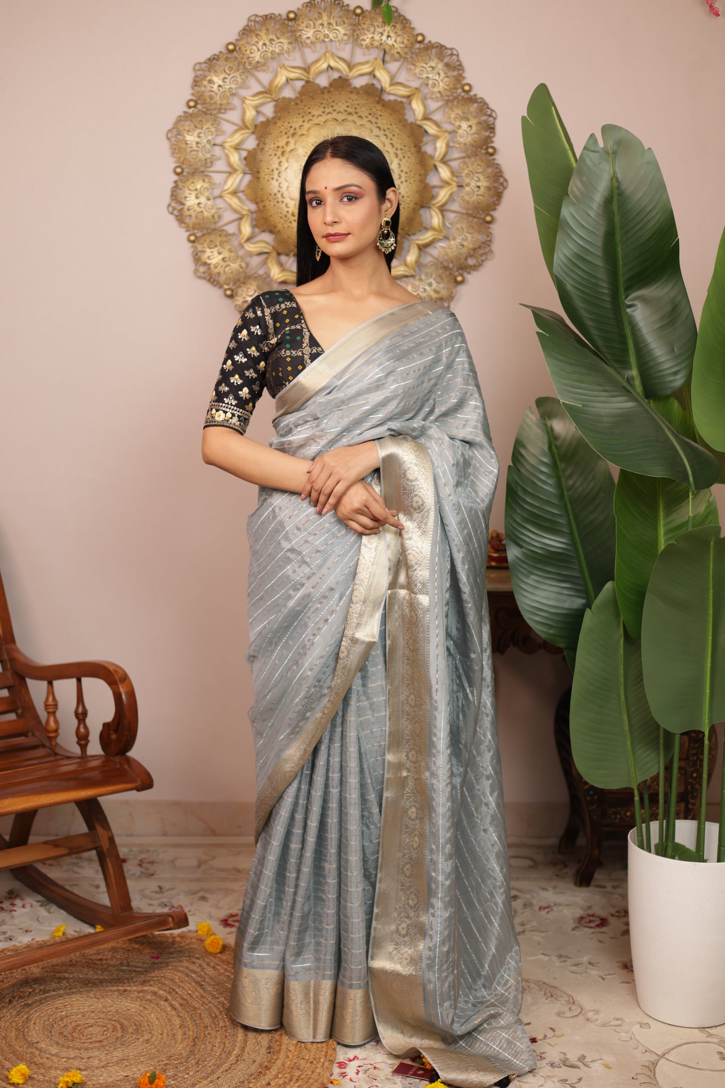Crepe Viscose Silk Saree With Stitched Embroidered Gharchola Blouse